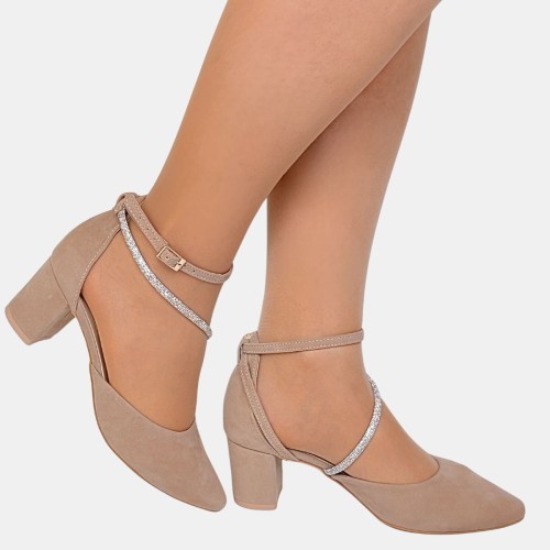 Czółenka zamszowe beżowe na klocku 6 cm,pasek cyrkoniowy Zan Zara