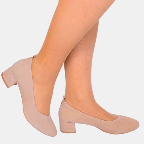 Beżowe czółenka ZAN ZARA – zamszowa ekoskóra, klocek 4 cm, wcięcie