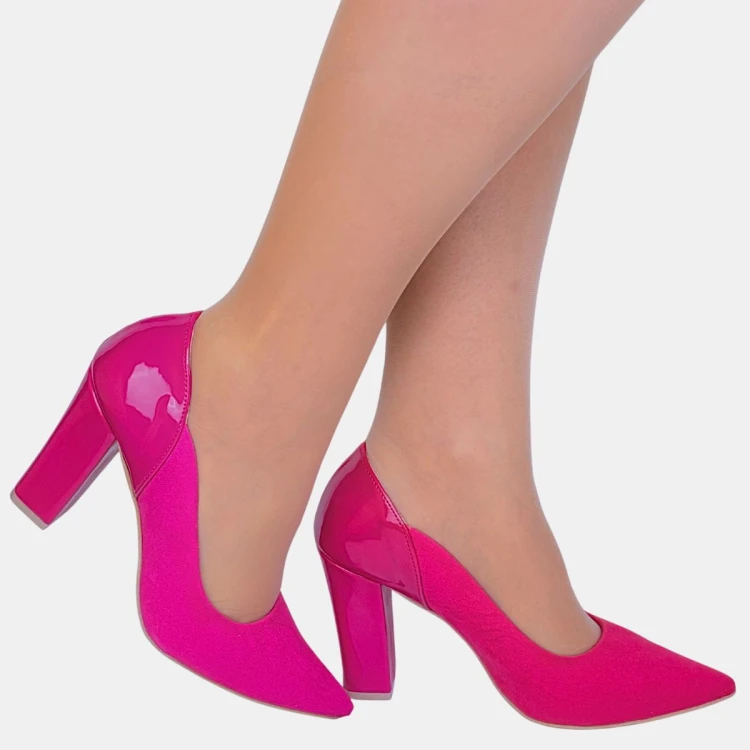 Czółenka zamszowe , fuksja , Zan Zara ,na słupku 9 cm ,lakierowana pięta