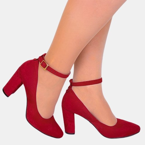 Czerwone czółenka Zan Zara zamszowe na slupku 9 cm z paskiem