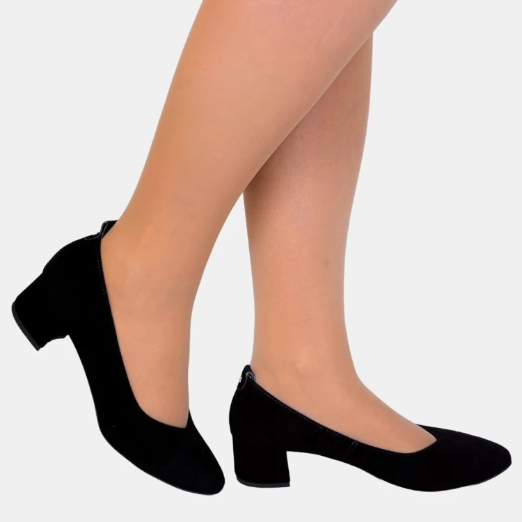 Czarne czółenka ZAN ZARA – zamszowa ekoskóra, klocek 4 cm, wcięcie