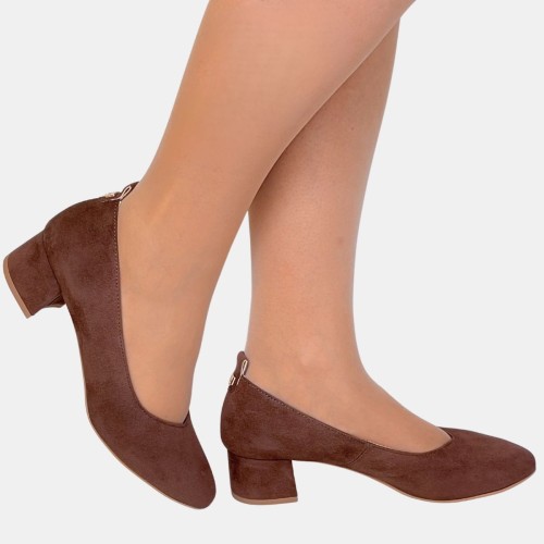 Brązowe czółenka ZAN ZARA – zamszowa ekoskóra, klocek 4 cm, wcięcie