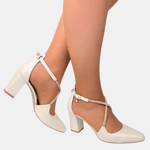 Czółenka ślubne biała perła ze skóry naturalnej na słupku 7,5 cm z cyrkoniowymi paskami – Stylowa Para