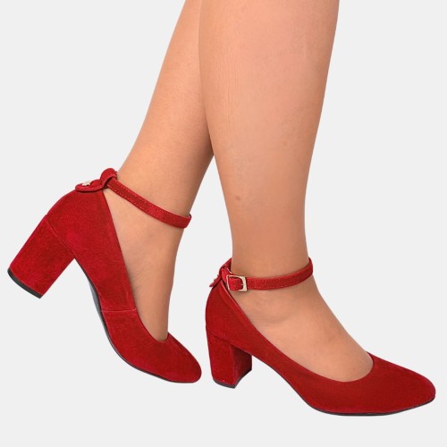 Czerwone czółenka zamszowe Zan Zara – pasek, obcas klocek 6 cm, eleganckie buty damskie na wesele i uroczystości