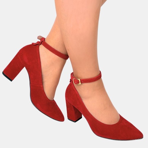 Czerwone czółenka zamszowe Zan Zara na słupku 6 cm z paskiem