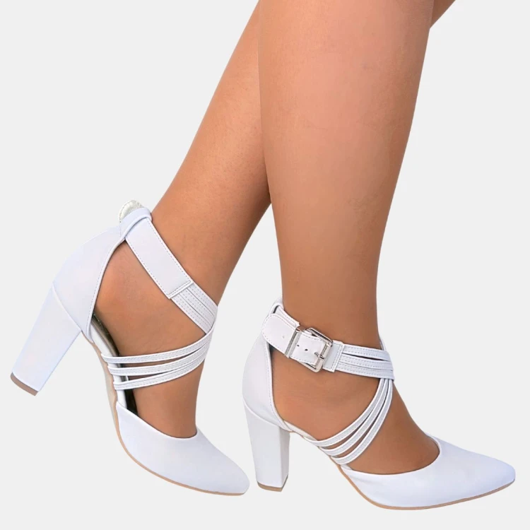 Ślubne czółenka białe na słupku z potrójnymi paskami 862 Zan Zara
