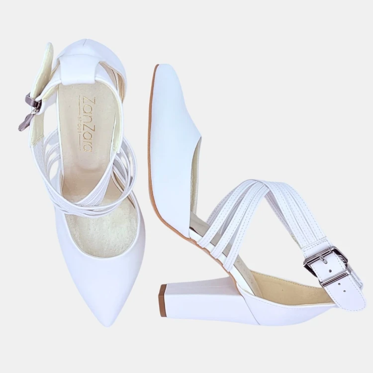 Ślubne czółenka białe na słupku z potrójnymi paskami 862 Zan Zara