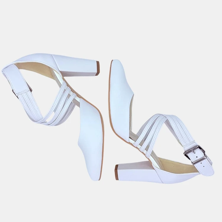 Ślubne czółenka białe na słupku z potrójnymi paskami 862 Zan Zara