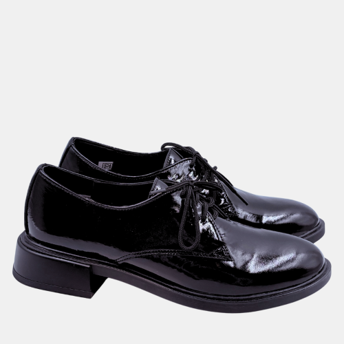 Czarne lakierowane półbuty damskie sznurowane El Passo – elegancja na co dzień