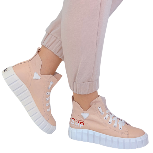 Różowe sneakersy damskie skórzane z sercem – stylowy model El Passo