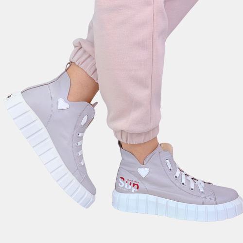 Szare sneakersy damskie skórzane z sercem – stylowy model El Passo