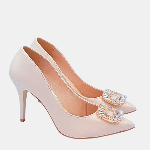 Szpilki beżowe 9 cm z ozdobą z kryształków Zan Zara