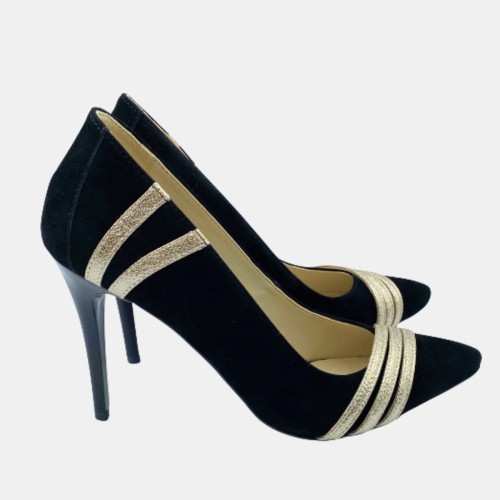 Szpilki zamszowe czarne,złote paski ,obcas 10 cm Zan Zara