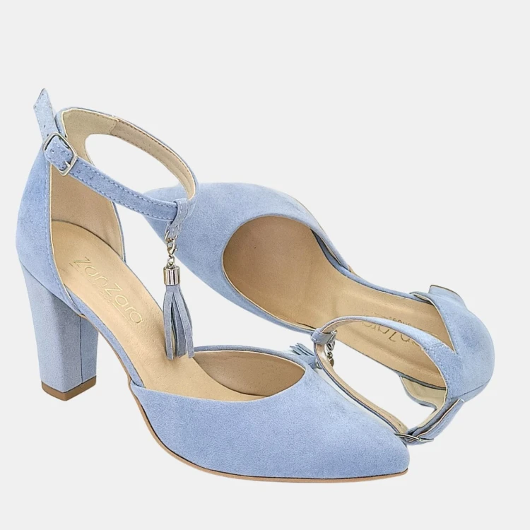 Niebieskie czółenka zamszowe z ozdobą ,na słupku 9 cm Zan Zara