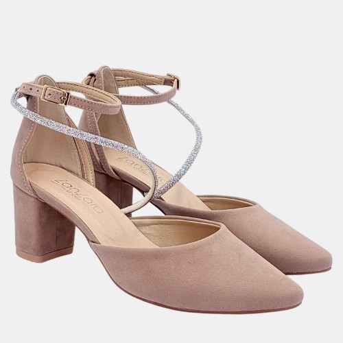 Czółenka zamszowe beżowe na klocku 6 cm,pasek cyrkoniowy Zan Zara