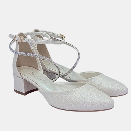 Czółenka jasno złote na klocku 4 cm,paski cyrkoniowe Zan Zara