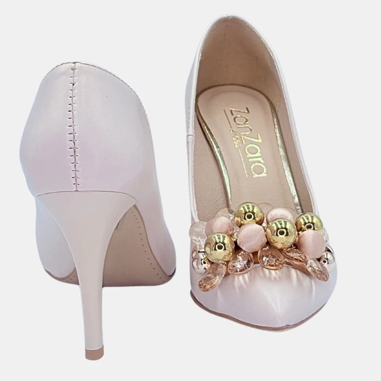 Szpilki licowe jasno beżowe, obcas 9,5 cm ,ozdoba ,Zan Zara