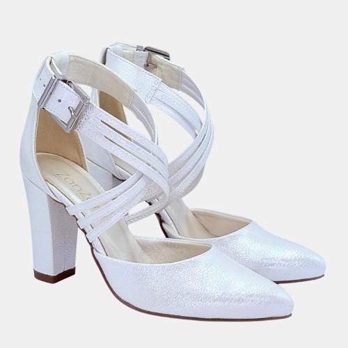 Ślubne czółenka perłowe z paskami przez podbicie, na słupku 9 cm Zan Zara