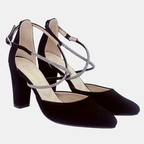 Eleganckie czółenka czarne zamszowe z paskami cyrkoniowymi, na słupku 9 zm Zan Zara