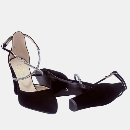 Eleganckie czółenka czarne zamszowe z paskami cyrkoniowymi, na słupku 9 zm Zan Zara