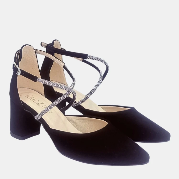 Eleganckie czółenka czarne zamszowe z taśmą cyrkoniową na słupku 6 cm Zan Zara