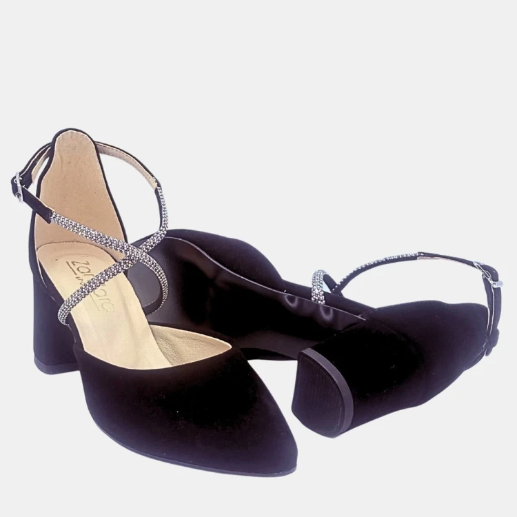 Eleganckie czółenka czarne zamszowe z taśmą cyrkoniową na słupku 6 cm Zan Zara