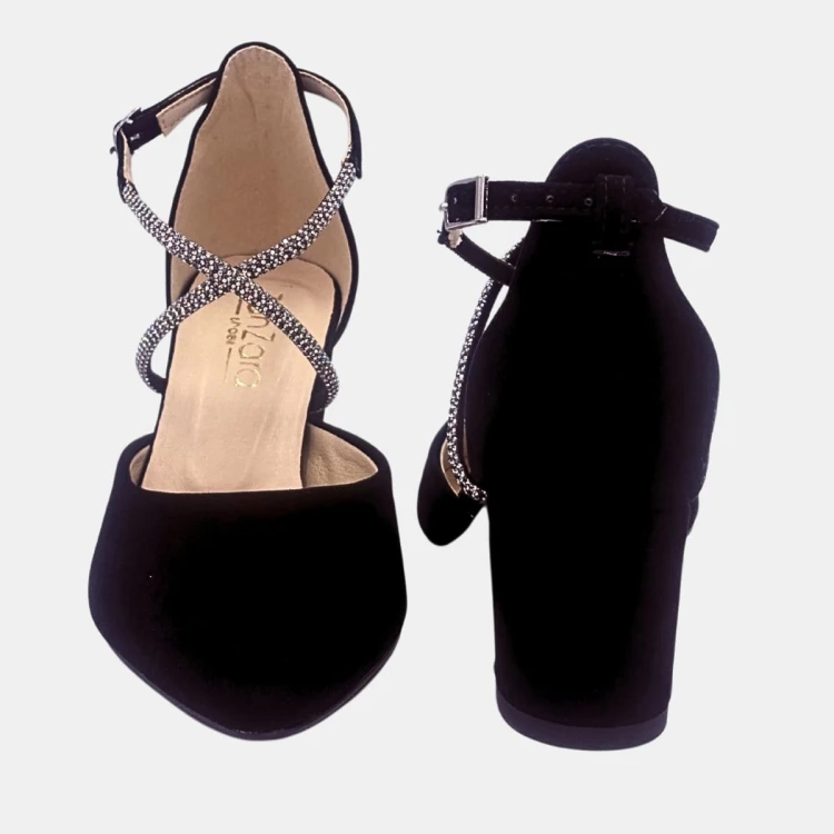 Eleganckie czółenka czarne zamszowe z taśmą cyrkoniową na słupku 6 cm Zan Zara