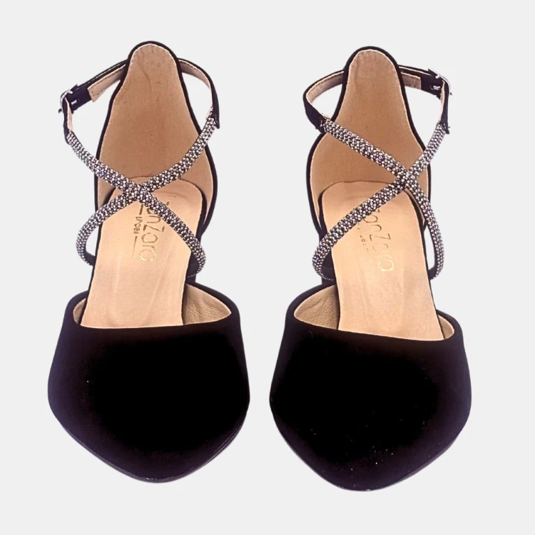 Eleganckie czółenka czarne zamszowe z taśmą cyrkoniową na słupku 6 cm Zan Zara