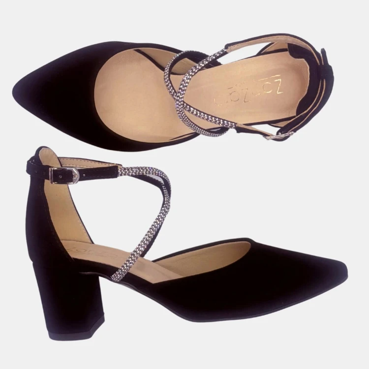 Eleganckie czółenka czarne zamszowe z taśmą cyrkoniową na słupku 6 cm Zan Zara