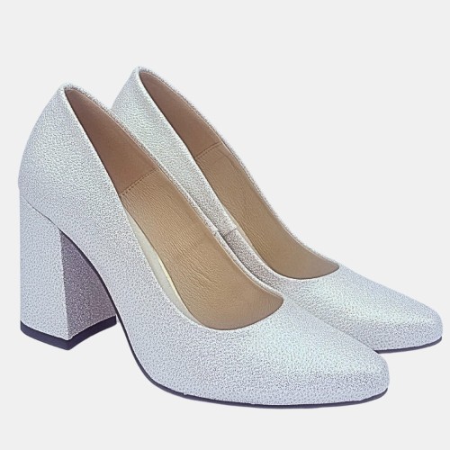 Srebrne czółenka ZAN ZARA – klocek 9 cm, migdałowy nosek, eleganckie buty na wesele i uroczystości