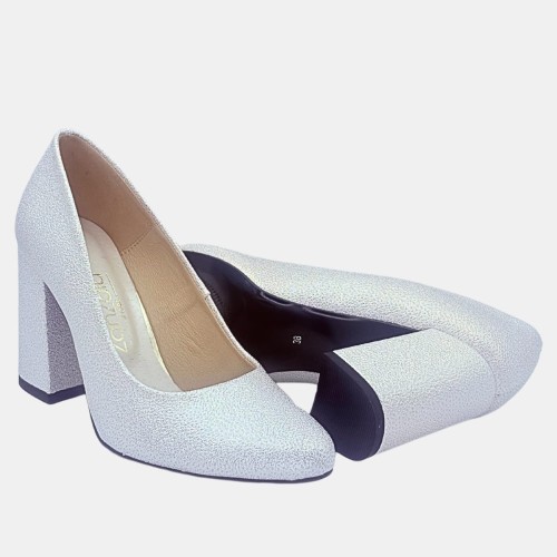 Srebrne czółenka ZAN ZARA – klocek 9 cm, migdałowy nosek, eleganckie buty na wesele i uroczystości