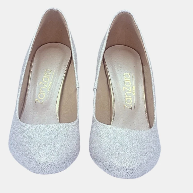 Srebrne czółenka ZAN ZARA – klocek 9 cm, migdałowy nosek, eleganckie buty na wesele i uroczystości