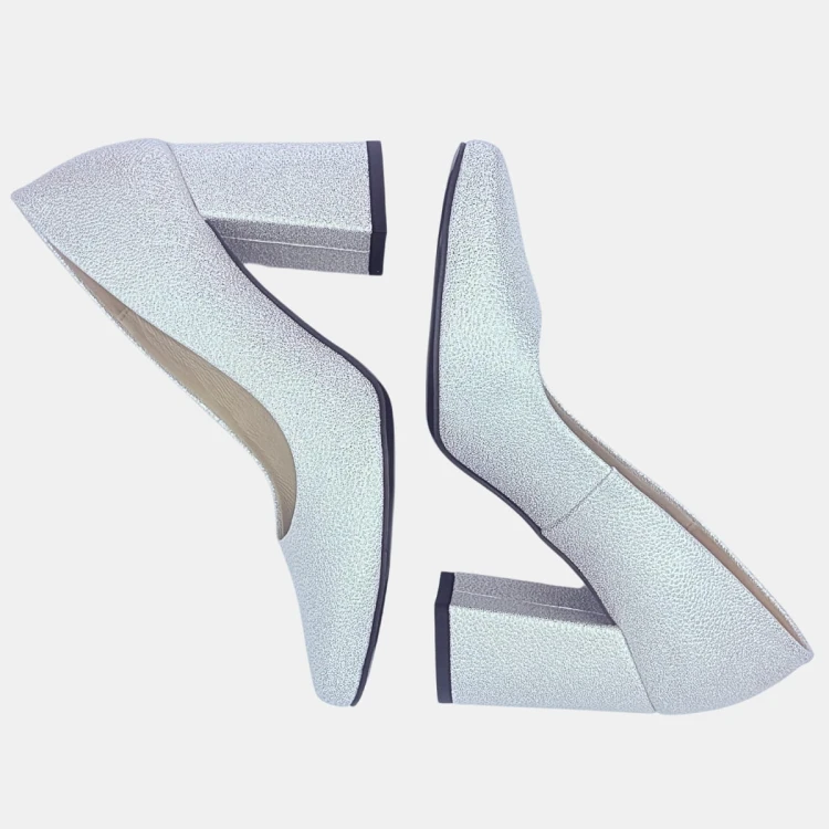 Srebrne czółenka ZAN ZARA – klocek 9 cm, migdałowy nosek, eleganckie buty na wesele i uroczystości