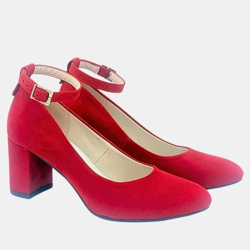 Czerwone czółenka zamszowe Zan Zara – pasek, obcas klocek 6 cm, eleganckie buty damskie na wesele i uroczystości