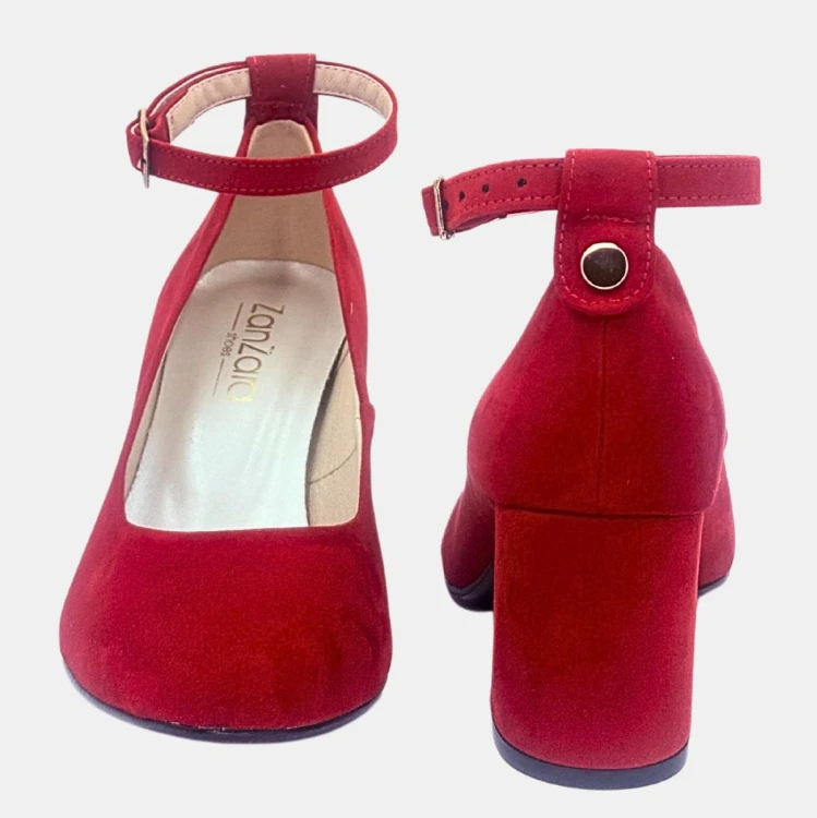 Czerwone czółenka zamszowe Zan Zara – pasek, obcas klocek 6 cm, eleganckie buty damskie na wesele i uroczystości