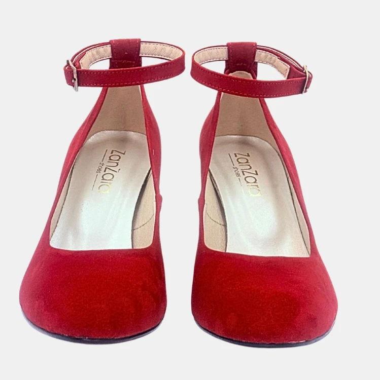 Czerwone czółenka zamszowe Zan Zara – pasek, obcas klocek 6 cm, eleganckie buty damskie na wesele i uroczystości