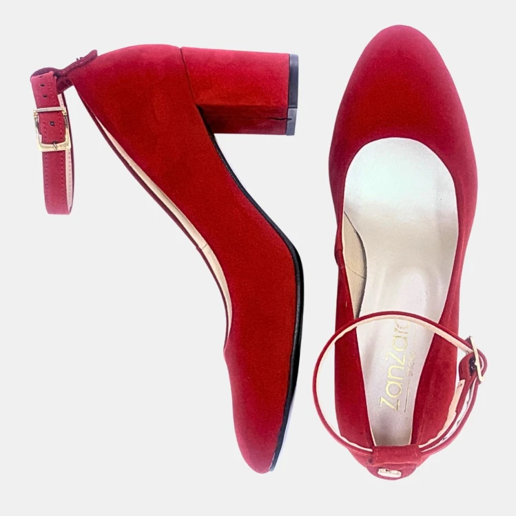 Czerwone czółenka zamszowe Zan Zara – pasek, obcas klocek 6 cm, eleganckie buty damskie na wesele i uroczystości