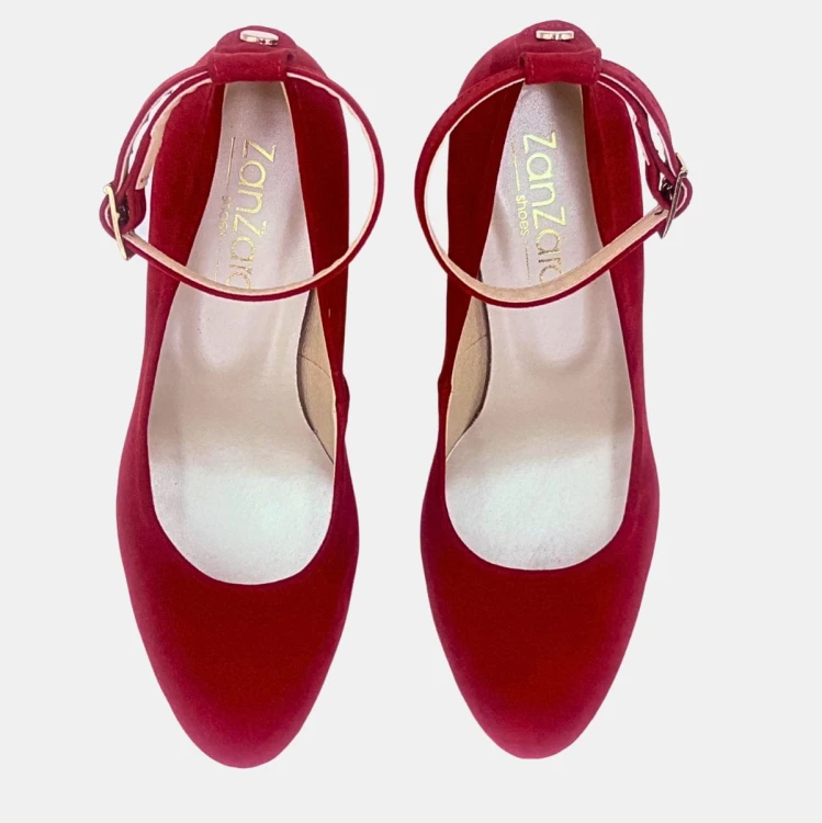 Czerwone czółenka zamszowe Zan Zara – pasek, obcas klocek 6 cm, eleganckie buty damskie na wesele i uroczystości