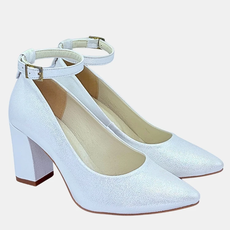 Perłowo-srebrne czółenka Zan Zara – słupek 6 cm, pasek, eleganckie buty damskie na wesele i uroczystości