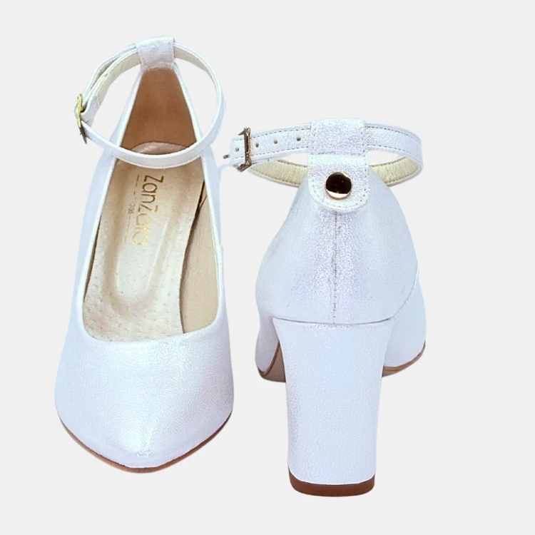 Perłowo-srebrne czółenka Zan Zara – słupek 6 cm, pasek, eleganckie buty damskie na wesele i uroczystości
