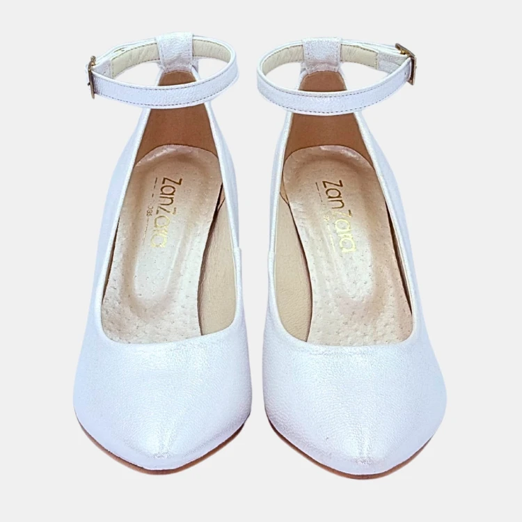 Perłowo-srebrne czółenka Zan Zara – słupek 6 cm, pasek, eleganckie buty damskie na wesele i uroczystości