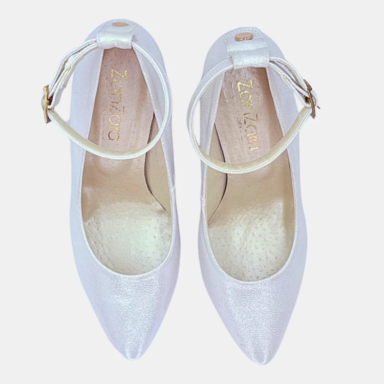 Perłowo-srebrne czółenka Zan Zara – słupek 6 cm, pasek, eleganckie buty damskie na wesele i uroczystości