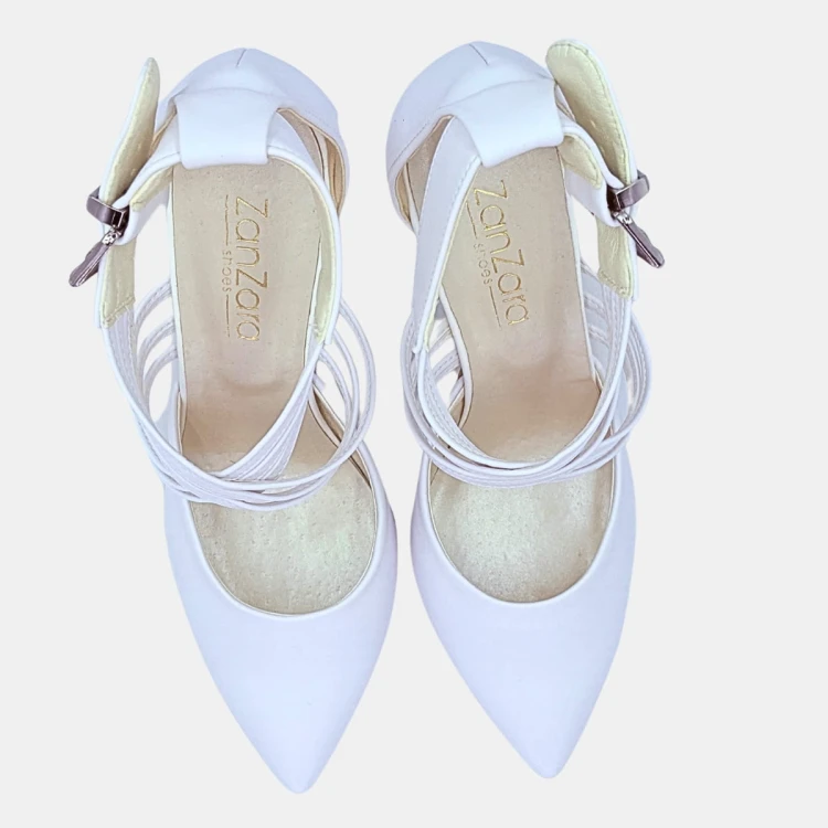 Ślubne czółenka białe na słupku z potrójnymi paskami 862 Zan Zara