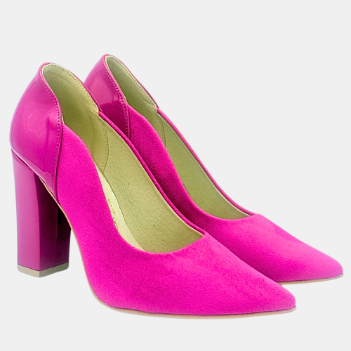 Czółenka zamszowe , fuksja , Zan Zara ,na słupku 9 cm ,lakierowana pięta