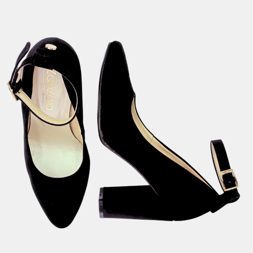 Czarne czółenka zamszowe Zan Zara ,na słupku 9 cm z paskiem