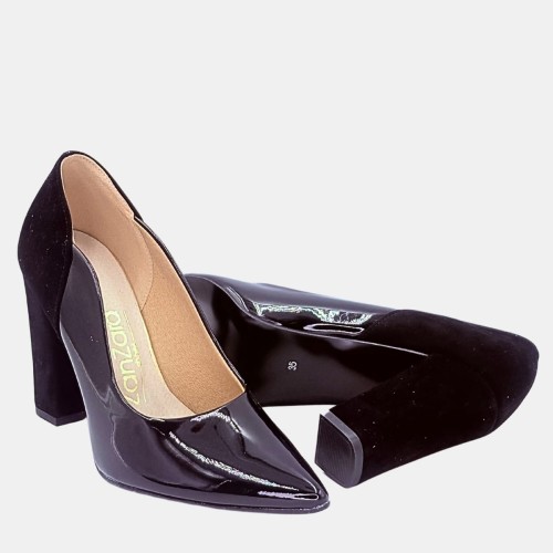 Czółenka lakierowane czarne 421 Zan Zara na na słupku 9 cm zamszowa pięta