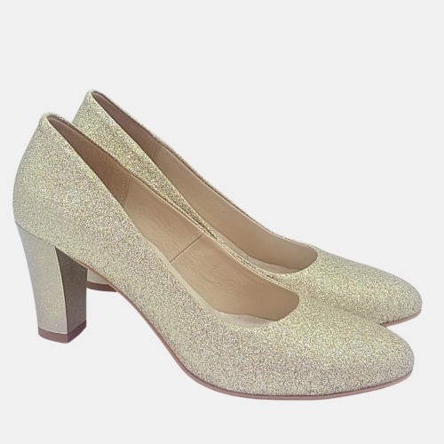 Czółenka złoty brokat Zan Zara ,słupek 7,5 cm.nosek okrągły