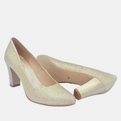 Czółenka złoty brokat Zan Zara ,słupek 7,5 cm.nosek okrągły