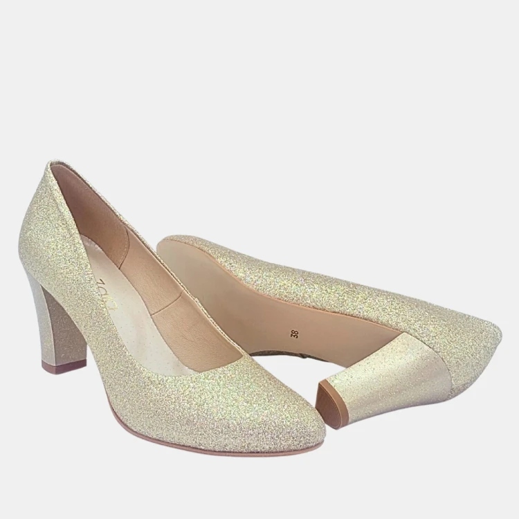 Czółenka złoty brokat Zan Zara ,słupek 7,5 cm.nosek okrągły