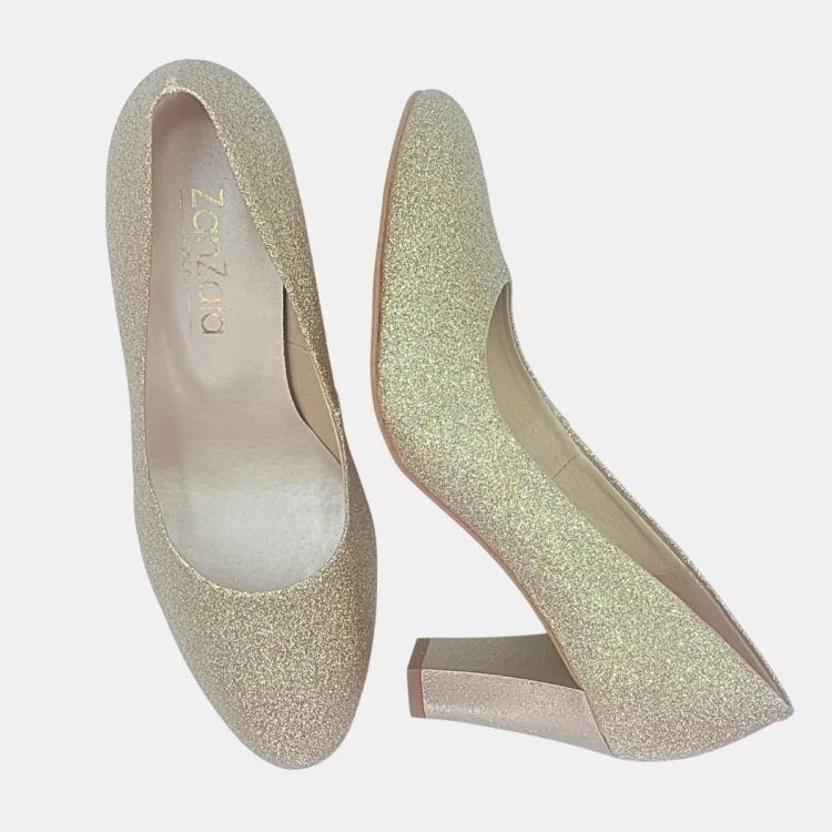 Czółenka złoty brokat Zan Zara ,słupek 7,5 cm.nosek okrągły